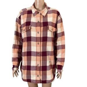 Natural Reflections Shirt Jacket Mens Plaid Sherpa Lined Burgundy Orange White